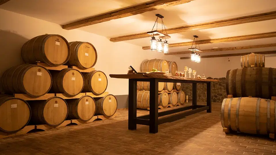 Whiskykeller mit Holzfässern und Verkostungstisch