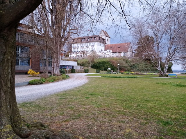 Öffentlicher Seepark Romanshorn mit Wiesen, Bäumen und Schlossberg