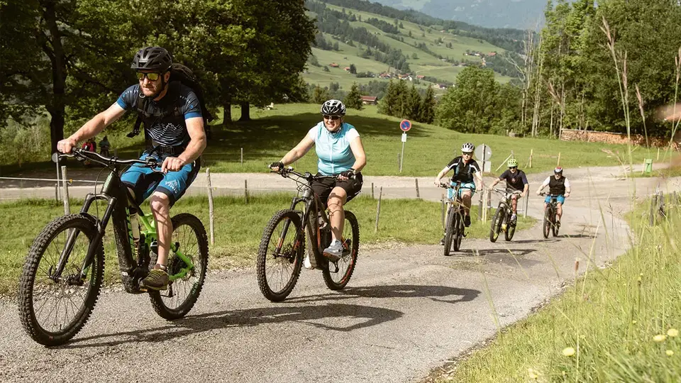 Geführte E-Bike-Gruppe auf einer Bergstraße bei Bad Hindelang