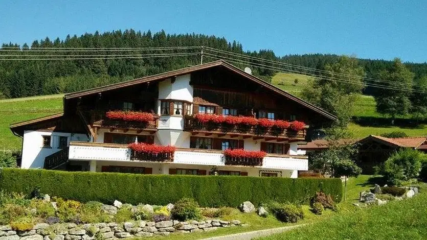Haus am Anger in Jungholz mit blumengeschmückten Balkonen