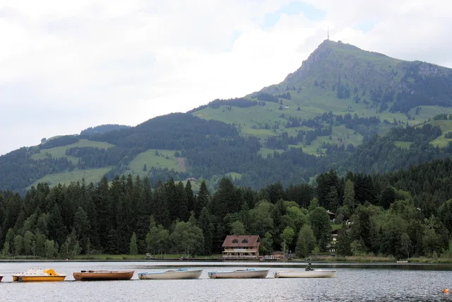 See mit Booten am Ufer, Wald und Berge im Hintergrund.