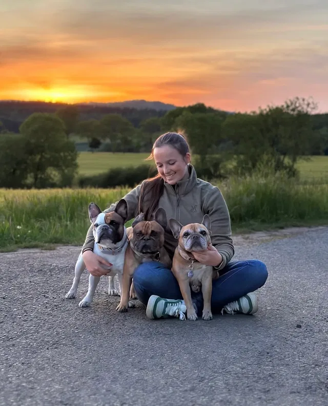 Junge Frau sitzt auf einer Straße mit drei Hunden bei Sonnenuntergang.