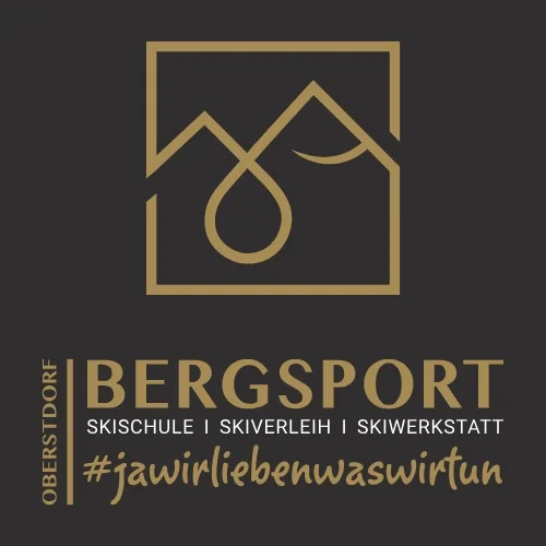 Logo von Bergsport Obersdorf mit Bergsilhouette, Bergsport-Schriftzug und Hashtag #jawirliebenwaswir
