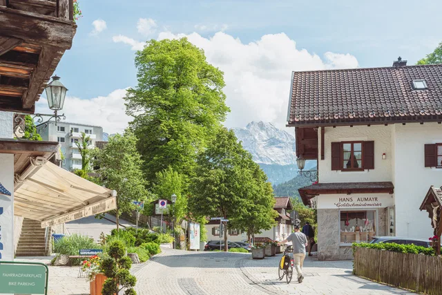 Alpenort mit Holzhäusern, Baum in der Mitte und Bergkulisse dahinter