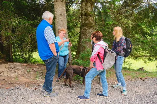 Gruppe Erwachsener im Wald mit Hund beim Gespräch
