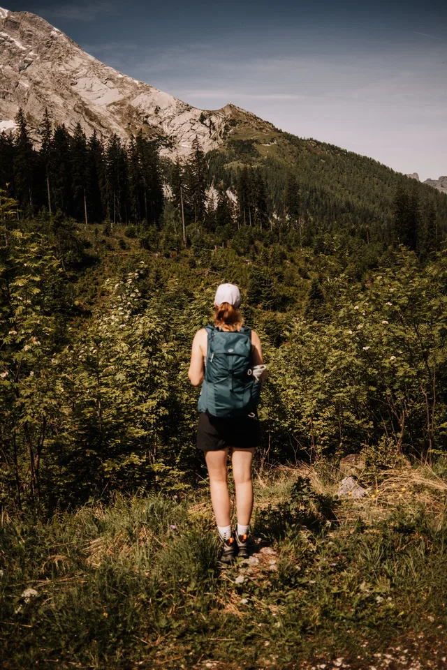 Wandernde Person mit Rucksack auf Bergwanderweg vor Wald und Bergen.