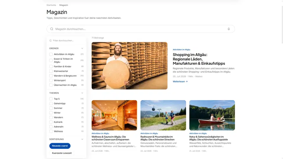 Screenshot einer Magazin-Übersicht mit Suchleiste, Seitenleiste und Artikelkarussell.