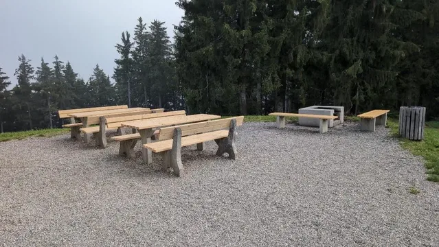 Holz-Picknickbereich mit Tischen und Bänken auf Kies vor Wald.