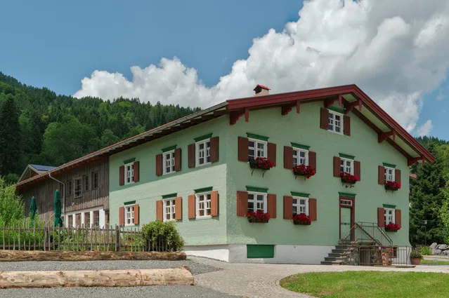 Grünes Haus mit roten Fensterläden und Blumenkästen vor Waldlandschaft