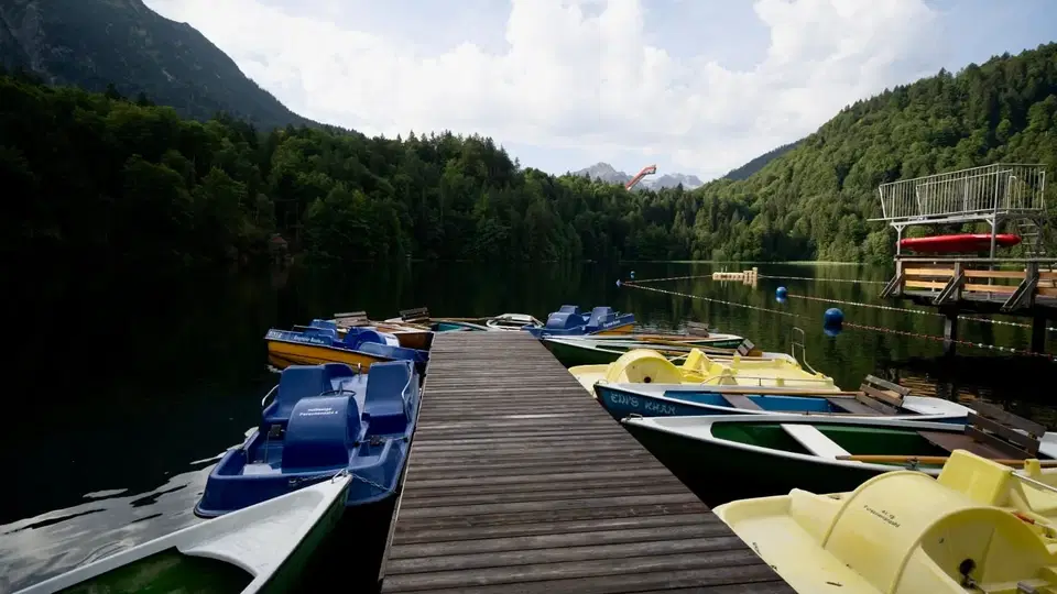 Holzsteg am See mit bunten Tretbooten und umliegendem Wald