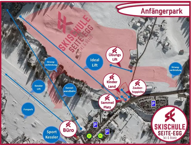 Kartenübersicht des Anfängerparks mit Liftstationen, Lernzonen und Beschilderung