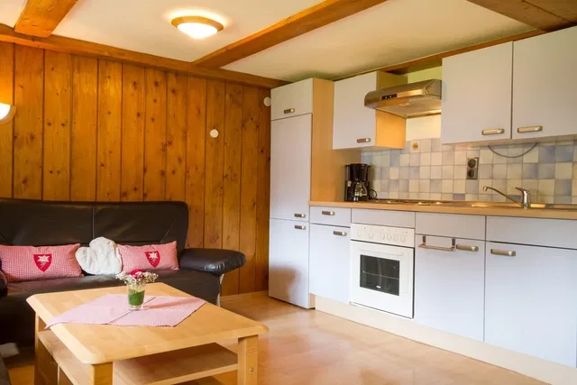 Wohnzimmer mit Küchenzeile, Holzvertäfelung, Sofa und Couchtisch