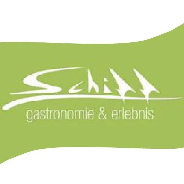 Schiff Logo auf grünem Hintergrund mit Schriftzug 'Schiff Gastronomie & Erlebnis'.