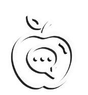 Weißes Apfel-Logo mit Sprechblase auf schwarzem Hintergrund.