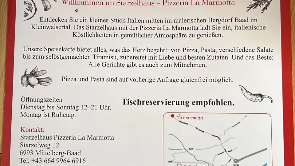 Willkommen im Starzelhaus – Pizzeria La Marmotta, Öffnungszeiten Dienstag-Sonntag 12–21 Uhr, Kontakt
