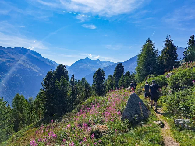 Wandergruppe auf einem Bergpfad zwischen Blumen und Bergwald
