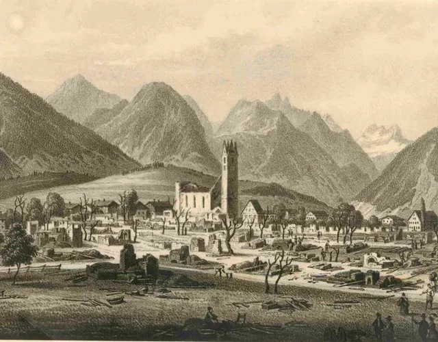 Historische Darstellung von Oberstdorf mit Kirchturm vor Berglandschaft.