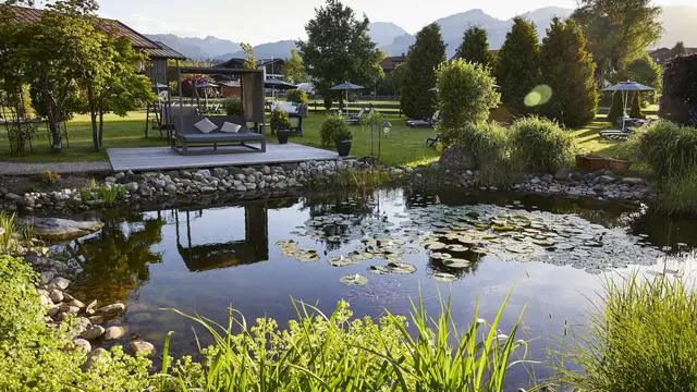 Pond mit Seerosen im Garten eines Hotels, Sitzecke und Terrasse im Hintergrund