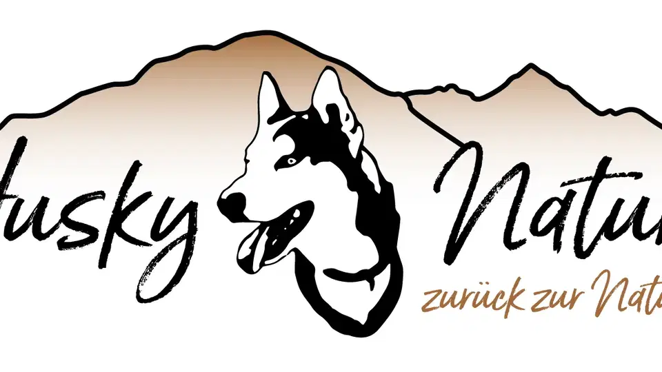 Logo Husky Nature mit Berglandschaft und Husky-Darstellung