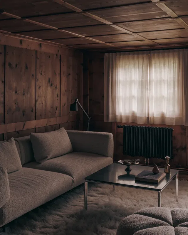 Gemütliches Wohnzimmer mit Holzvertäfelung, Sofa, Couchtisch und Vorhängen.