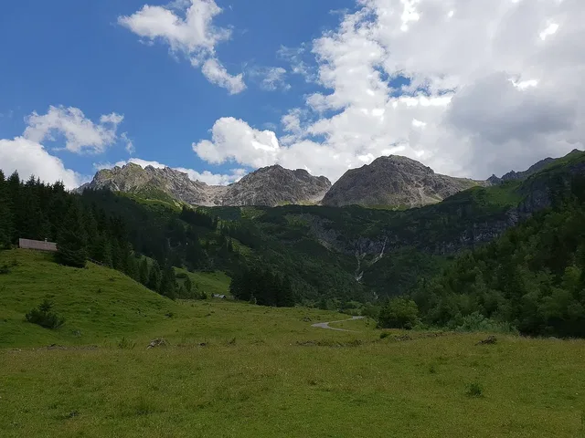 Landschaft mit grüner Wiese, Wald und Bergen im Hintergrund unter blauem Himmel