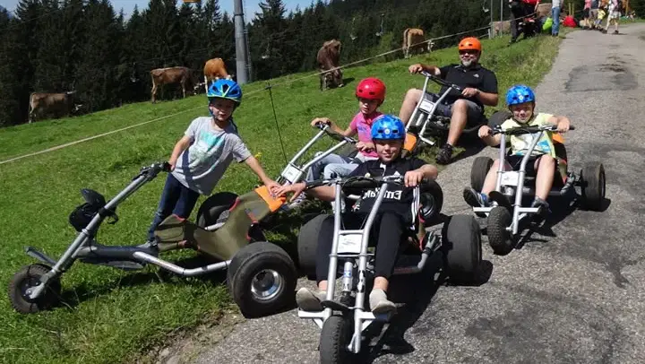 Gruppe mit Helmen auf Mountaincarts neben einer Kuhweide und der Gondelbahn.