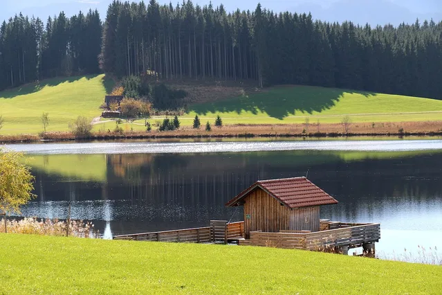 Kleines Holzhäuschen am Seeufer vor grünem Hügel- und Waldpanorama.