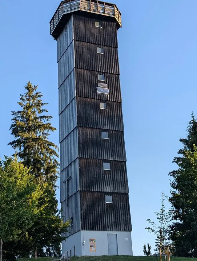Mehrstöckiger Holzturm mit Beobachtungsgestell oben, von Bäumen umgeben.