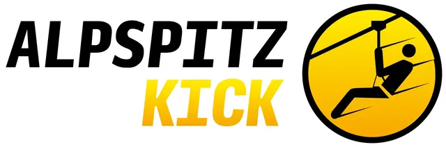 ALPSPITZ-KICK Logo mit schwarzem Schriftzug, gelbem KICK und gelbem Kreis mit Kletter-Seil-Icon.