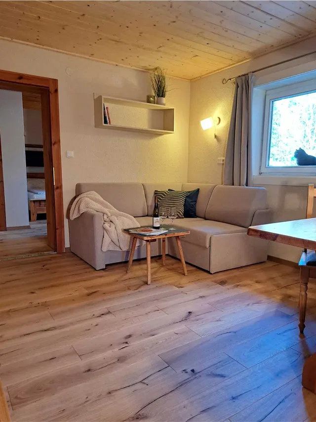 Wohnzimmer mit L-förmigem Sofa, Couchtisch, Weinflasche und Gläser; Fenster mit Katze draußen.