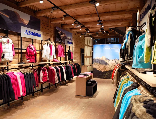 Schöffel Store – Innenraum mit Jacken an Hängern und Regalen, warme Holzakzente.