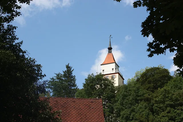 Turm mit orange Dachspitze über Baumkronen unter blauem Himmel