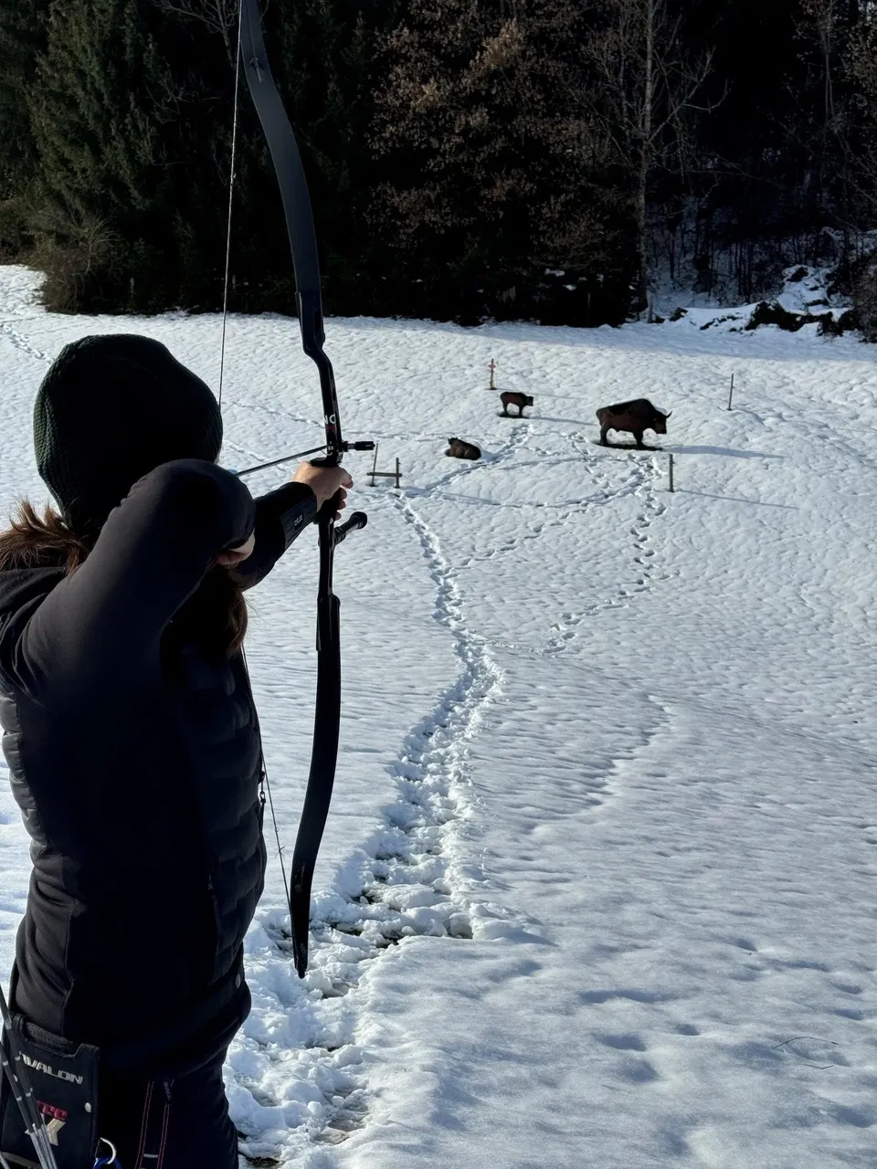 Bogenschütze vor Wildschwein-Tierzielen im Schnee