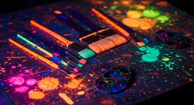 Pinsel und leuchtende Farbkleckse beim Neonmalen.