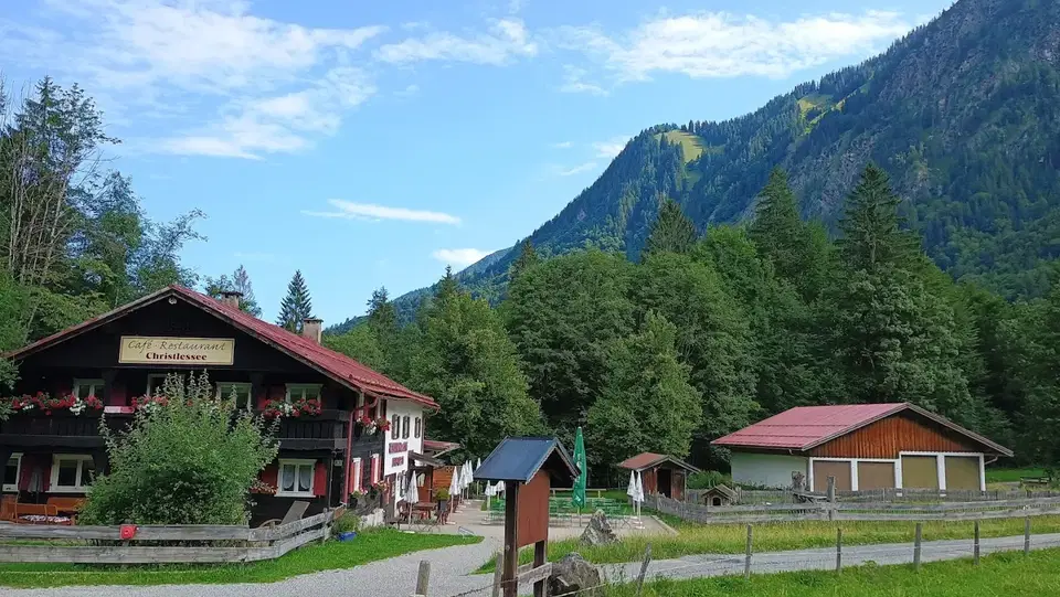 Bergdorf mit Holzhäusern, Wiesen und Wald vor Bergkulisse