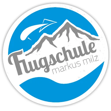 Logo der Flugschule Markus Milz mit Bergsilhouette und Flugzeug in Blau