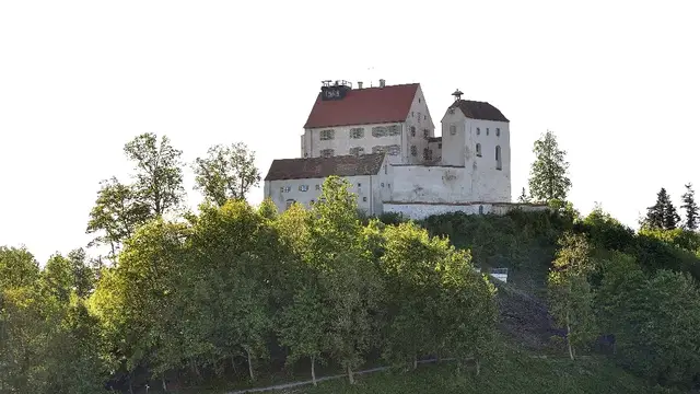 Die Waldburg mit weißen Mauern und roten Dächern auf einem bewaldeten Hügel.