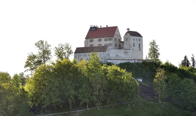 Waldburg auf Hügel mit grünem Wald und weißen Mauern, roten Dächern