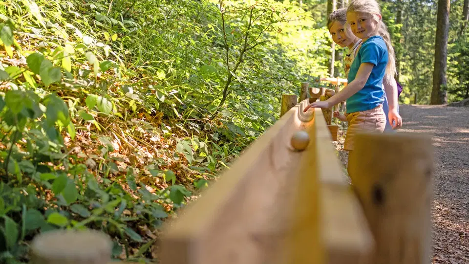 Zwei Kinder an einer Holzstation im Wald