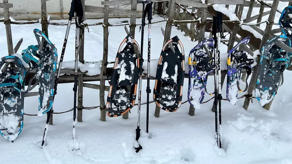 Schneeschuhe und Stöcke an einem verschneiten Holzzaun