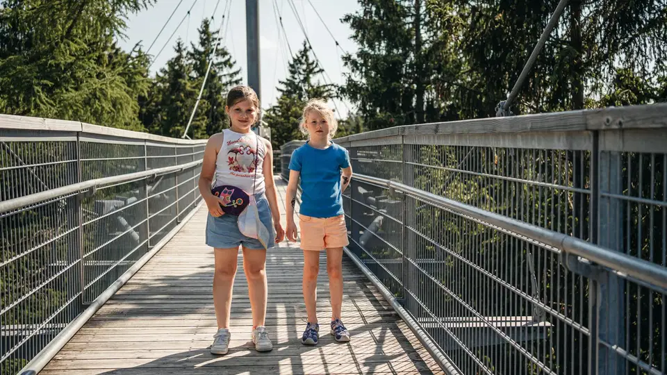 Zwei Kinder auf einer Hängebrücke im Wald