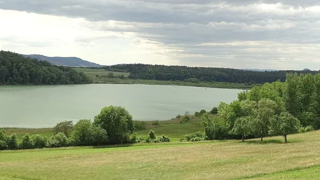 Mindelsee mit angrenzenden Wiesen; Landschaftseindruck des Schutzgebiets.