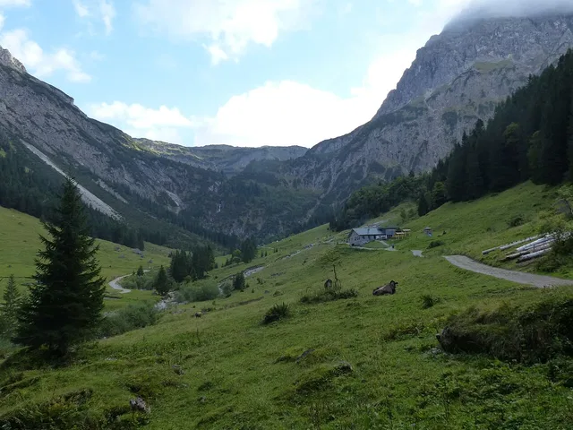 Alpines Tal mit grüner Wiese, Haus am Hang und kurviger Straße vor steilen Felswänden.