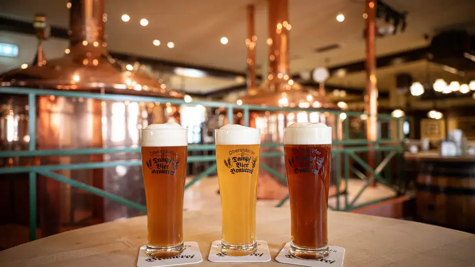 Drei hausgebraute Biere vor den Kupferkesseln der Dampfbierbrauerei Oberstdorf